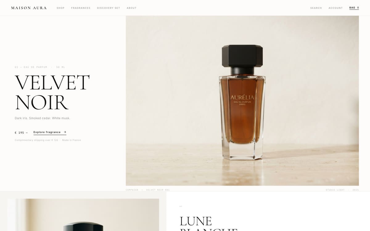 Maison Aura homepage, Velvet Noir campaign