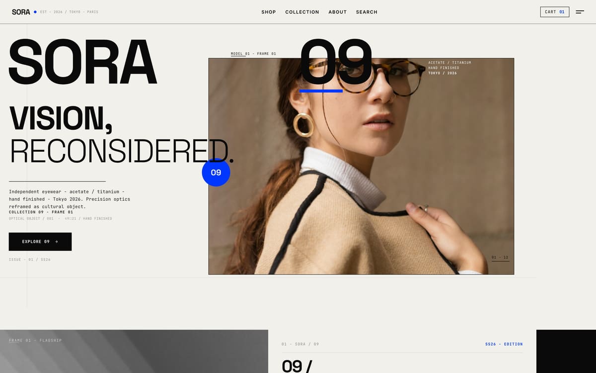 SORA eyewear homepage, Vision, Reconsidered hero