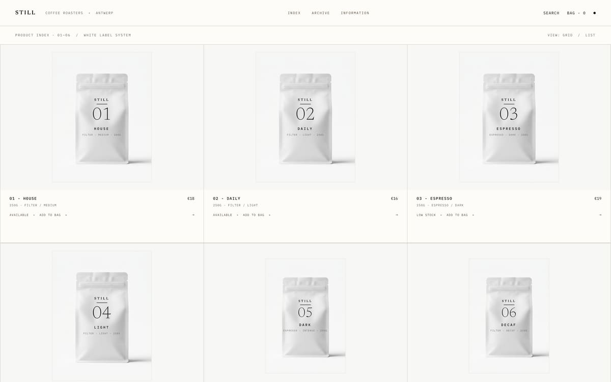 STILL coffee storefront, product index grid